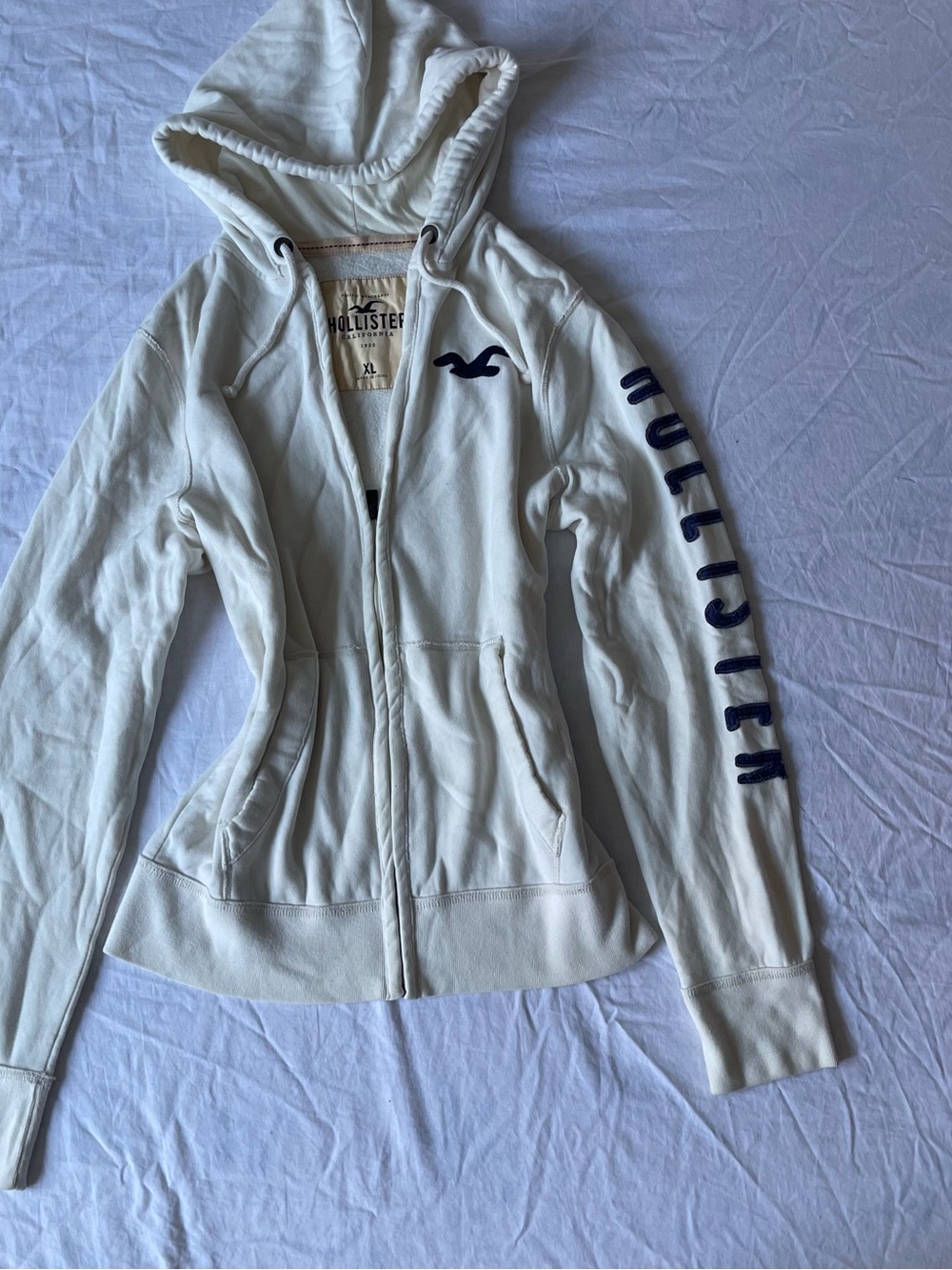 Hollister White Zip-Up Hoodie with Navy Logo & Sleeve Print
